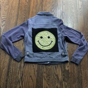 Butter jean jacket with sweatshirt arms & smiley